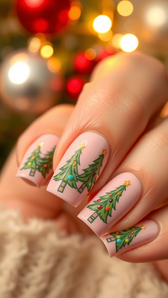 Close-up of pink Christmas tree nail art with colorful ornaments.